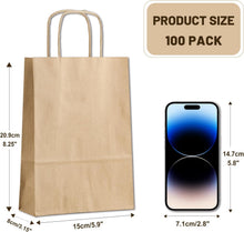 Gift Bags 8.25"X5.9 "X3.15" 100pcs Brown Kraft Paper Bag with Handles for Small Business Christmas Bulk, Wedding, Party Favor, Shopping, Lunch, Halloween Trick-or-Treat Bags