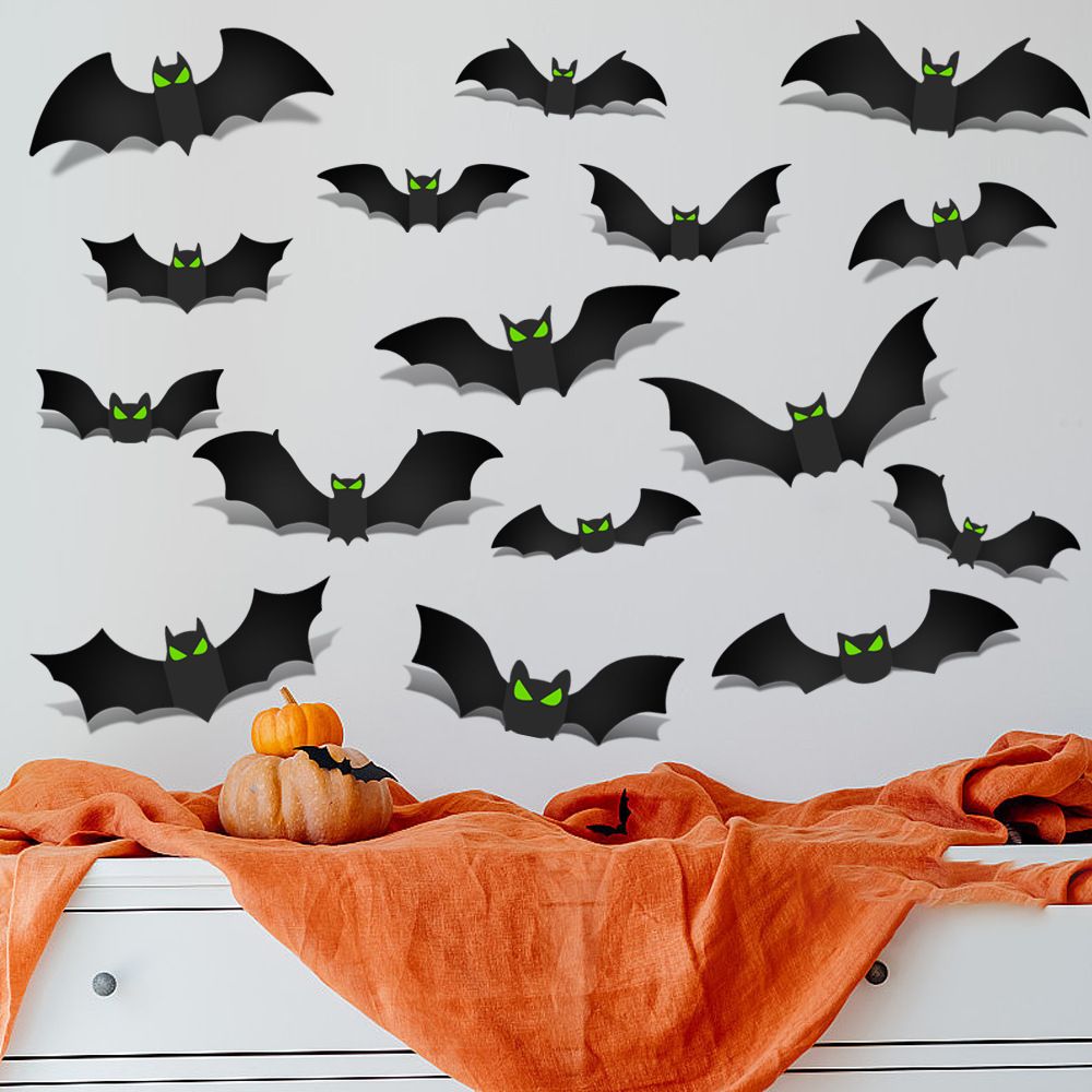 3D Glow in The Dark Bat Wall Decors Set for Halloween Party Home Spooky Backgrounds, 96 Pack Small Medium Large Stickers with Glow Eyes, Tweezer and Adhesive Dots