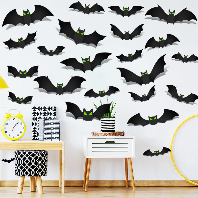 3D Glow in The Dark Bat Wall Decors Set for Halloween Party Home Spooky Backgrounds, 128 Pack Small Medium Large Stickers with Glow Eyes, Tweezer and Adhesive Dots