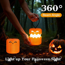 2PCS 360°Beam Hanging Pumpkin Lantern with Double-Sided Spooky Expressions and Telescopic Pull-to-Open Design, Portable Rechargeable Halloween Light, Dimmable Warm LED Party Decor