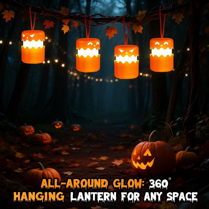 2PCS 360°Beam Hanging Pumpkin Lantern with Double-Sided Spooky Expressions and Telescopic Pull-to-Open Design, Portable Rechargeable Halloween Light, Dimmable Warm LED Party Decor
