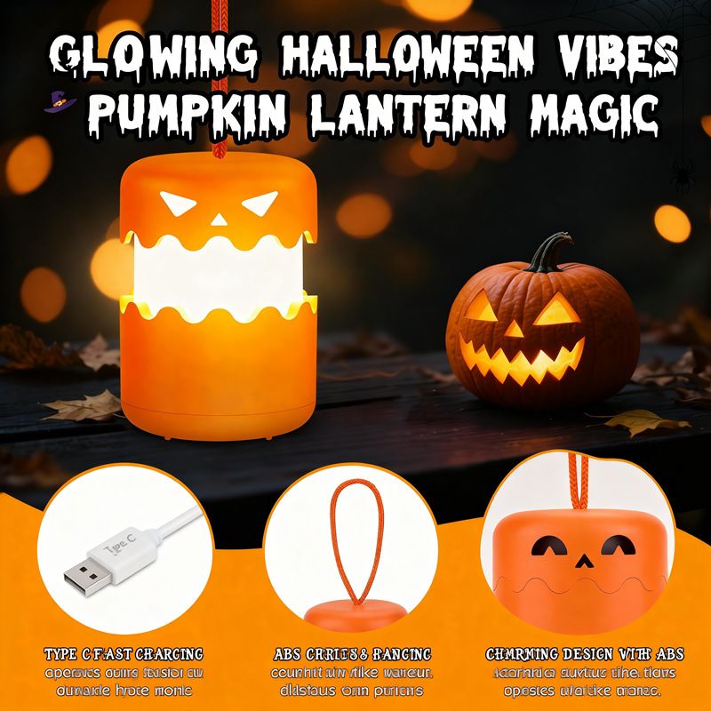 2PCS 360°Beam Hanging Pumpkin Lantern with Double-Sided Spooky Expressions and Telescopic Pull-to-Open Design, Portable Rechargeable Halloween Light, Dimmable Warm LED Party Decor