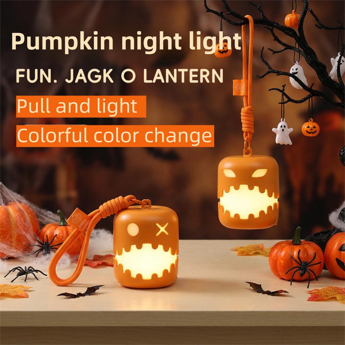 2PCS Dual-Sided Halloween Pumpkin Fun Lantern - Rechargeable Pull Cord LED Night Light with 7-Color Flash and Warm White Modes