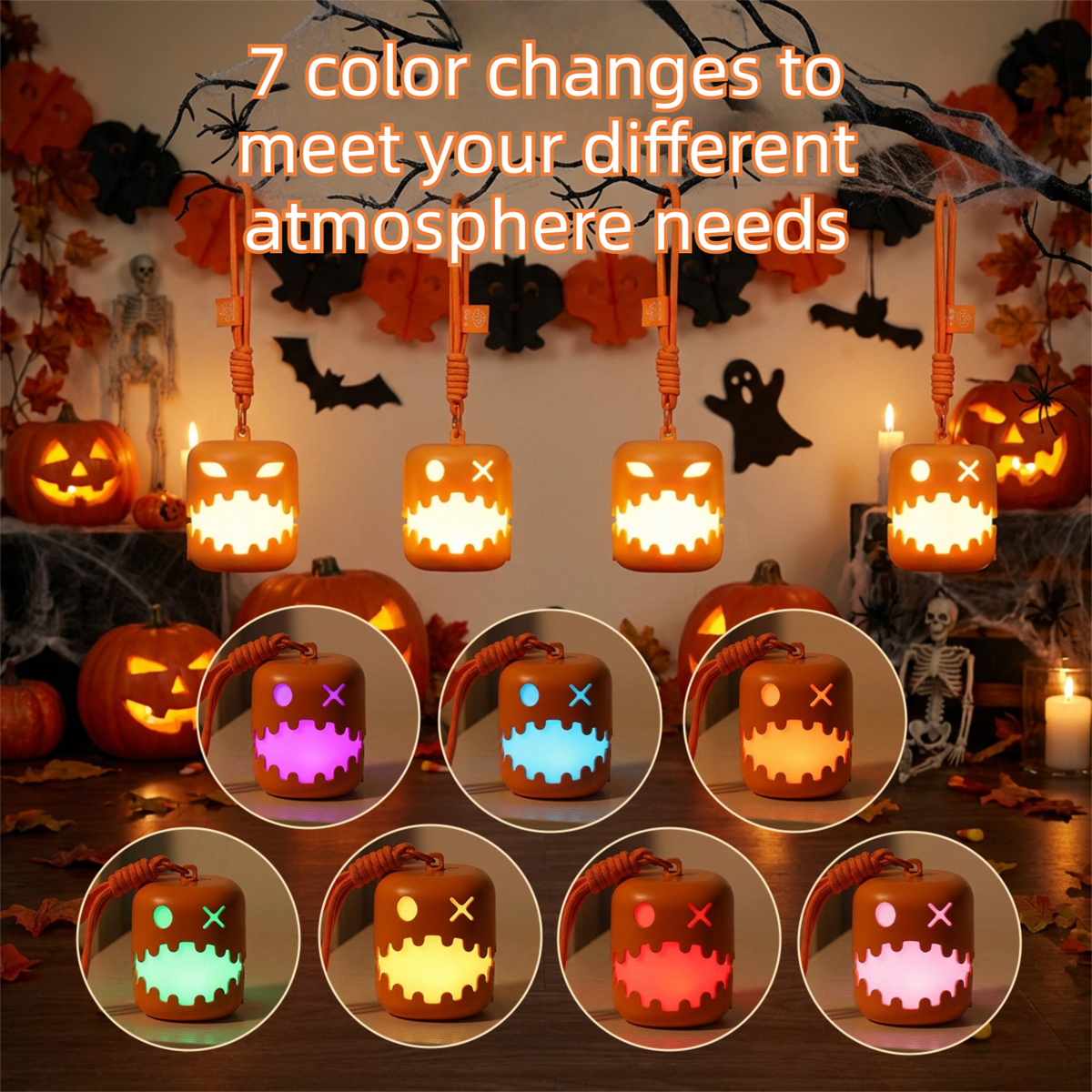 2PCS Dual-Sided Halloween Pumpkin Fun Lantern - Rechargeable Pull Cord LED Night Light with 7-Color Flash and Warm White Modes