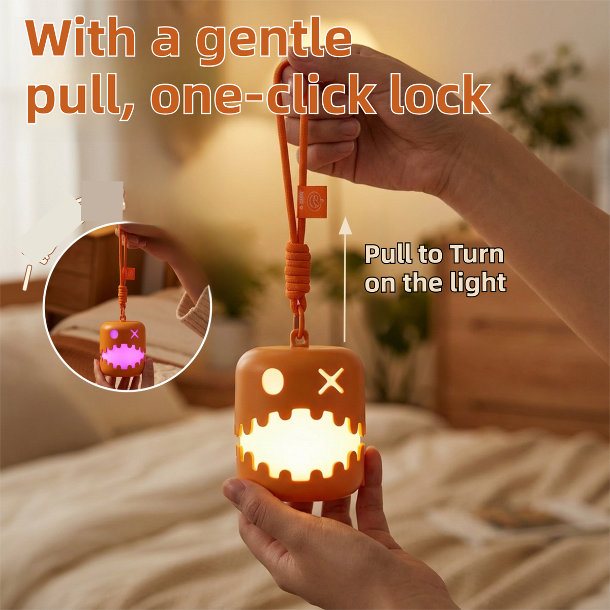 2PCS Dual-Sided Halloween Pumpkin Fun Lantern - Rechargeable Pull Cord LED Night Light with 7-Color Flash and Warm White Modes