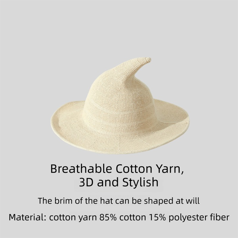 Beige Women's Breathable Cotton Yarn Halloween Witch Hat - Foldable Moldable Wide Brim Sun Hat for Witch Cosplay & Summer Wear