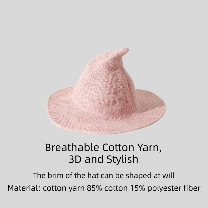 2PCS Pink Women's Breathable Cotton Yarn Halloween Witch Hat - Foldable Moldable Wide Brim Sun Hat for Witch Cosplay & Summer Wear
