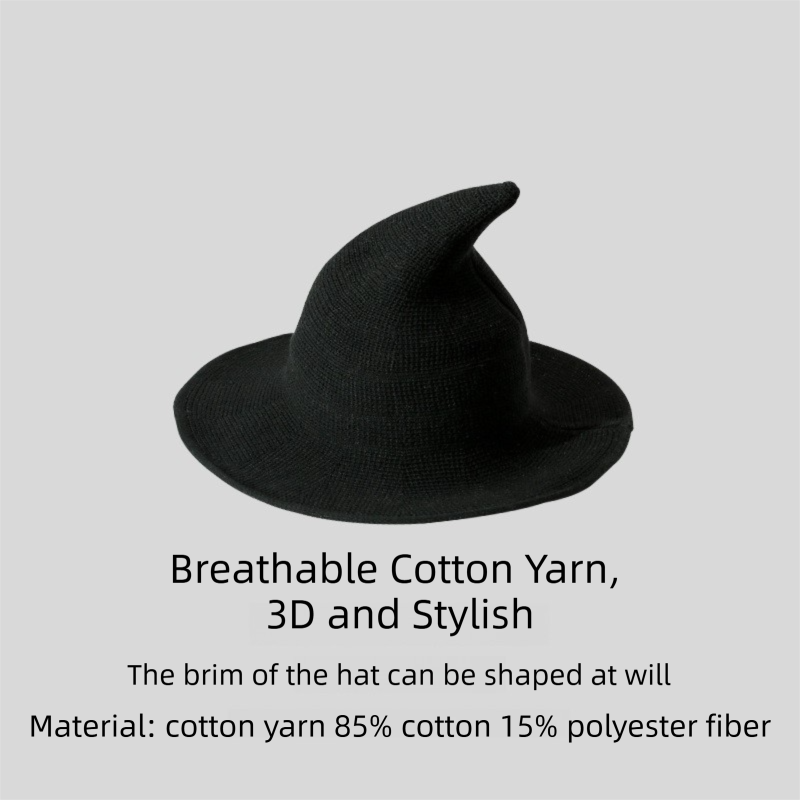 2PCS Black Women's Breathable Cotton Yarn Halloween Witch Hat - Foldable Moldable Wide Brim Sun Hat for Witch Cosplay & Summer Wear