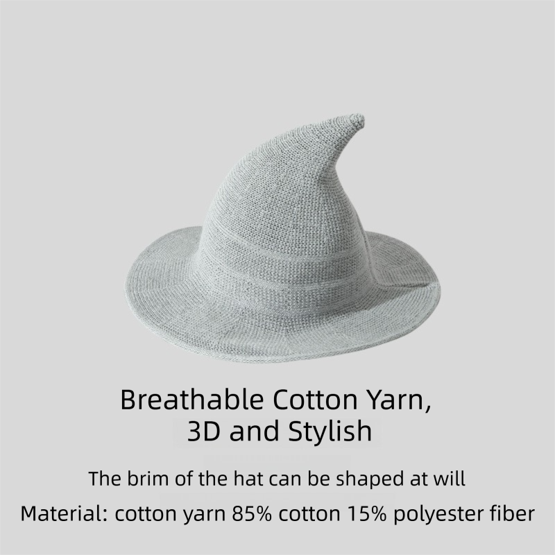 2PCS Grey Women's Breathable Cotton Yarn Halloween Witch Hat - Foldable Moldable Wide Brim Sun Hat for Witch Cosplay & Summer Wear