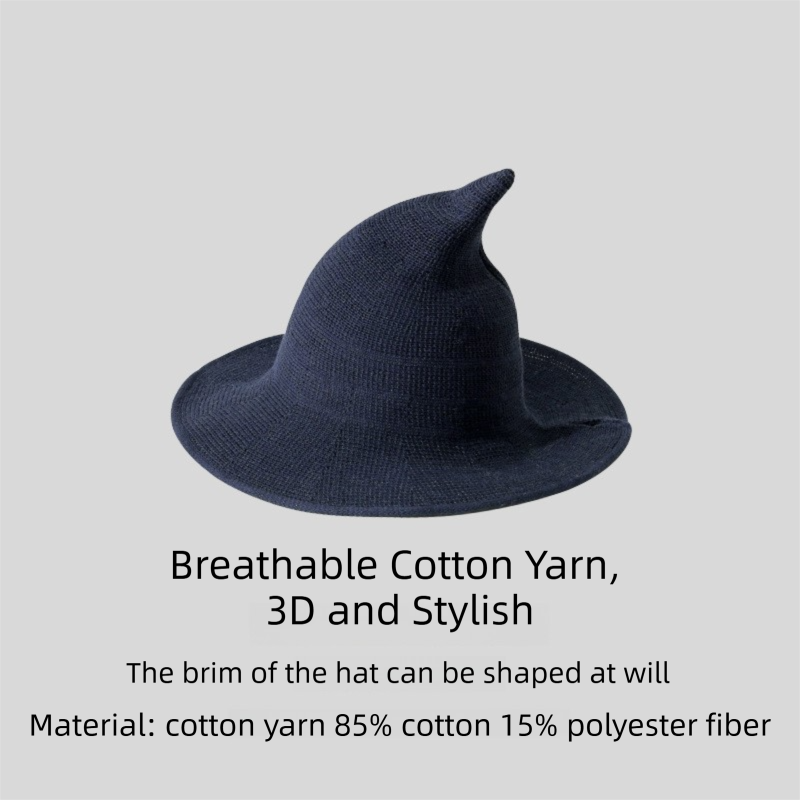 2PCS Dark Blue Women's Breathable Cotton Yarn Halloween Witch Hat - Foldable Moldable Wide Brim Sun Hat for Witch Cosplay & Summer Wear