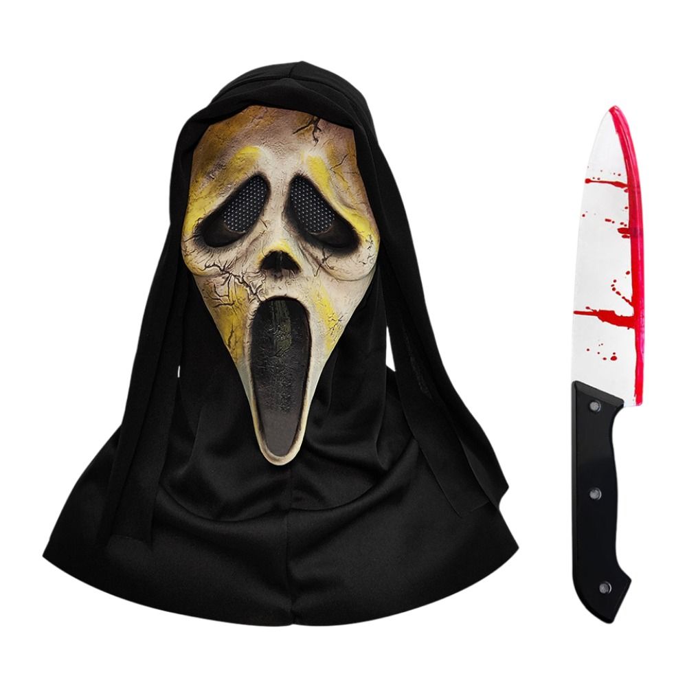 Scream Ghost Face Mask with Bloody Knife Prop - Halloween Cosplay Latex Hood Mask for Horror Parties, Masquerades and Haunted Houses (Style 5)