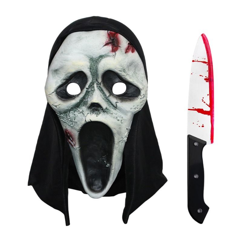Scream Ghost Face Mask with Bloody Knife Prop - Halloween Cosplay Latex Hood Mask for Horror Parties, Masquerades and Haunted Houses (Style 8)