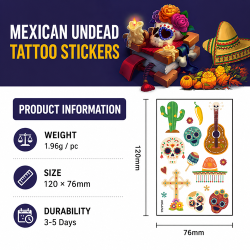 10 Pack Day of the Dead Halloween Temporary Tattoos - Mexican Fiesta Party Body Sticker Props, Style 9