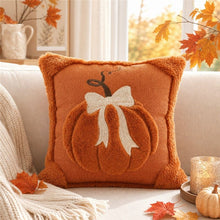 2 PCS Orange Pumpkin Embroidered Cushion Cover (45 x 45cm) - 3D Quilted Bow Pumpkin Decorative Soft Throw Pillowcase for Halloween, Thanksgiving, Sofa and Home Decor