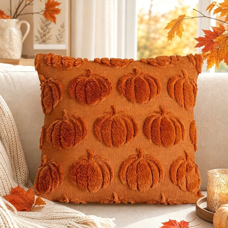 2 PCS Orange Pumpkin Embroidered Cushion Cover (45 x 45cm) - 3D Quilted Mini Pumpkin Decorative Soft Throw Pillowcase for Halloween, Thanksgiving, Sofa and Home Decor