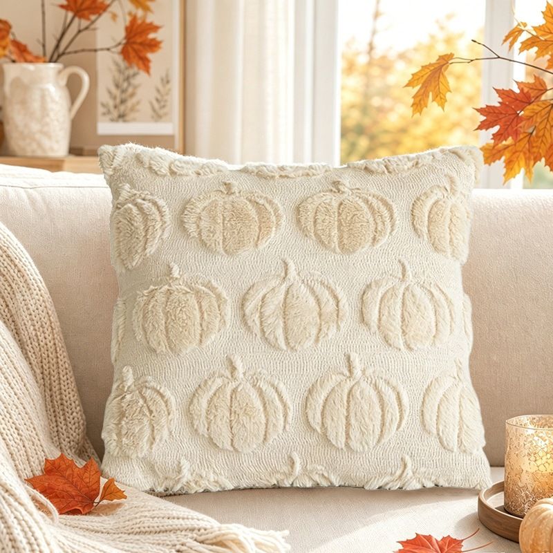 2 PCS Beige Pumpkin Embroidered Cushion Cover (45 x 45cm) - 3D Quilted Mini Pumpkin Decorative Soft Throw Pillowcase for Halloween, Thanksgiving, Sofa and Home Decor