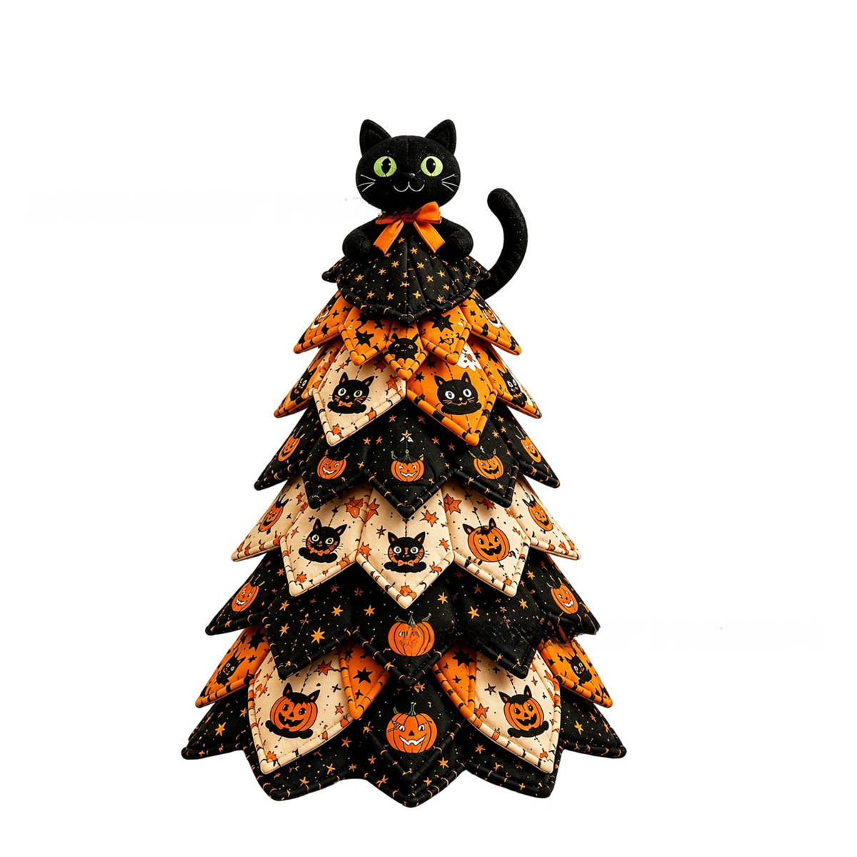 Black Cat Themed DIY Fabric Quilted Christmas Tree Kit for Handmade Layered Festive Tabletop Tree, Halloween / Christmas Home Decor and Holiday Craft Gift