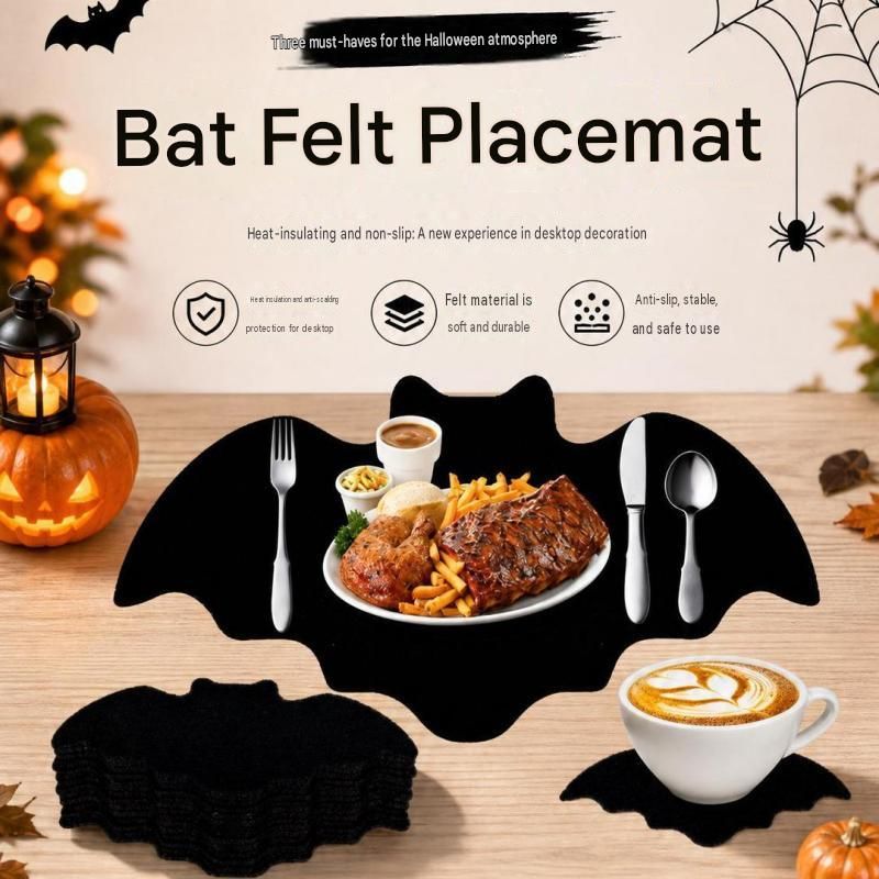 5-pieces 35*20cm Halloween bat-shaped mat - Felt Non-Slip Heat Resistant Table Mat for Party Dining and Gothic Home Deco