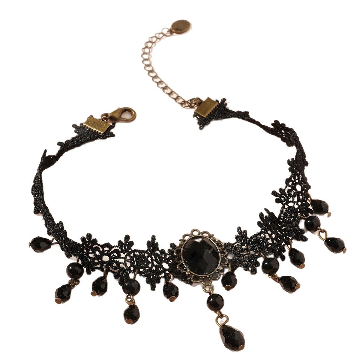 Black Gothic Lace Choker Necklace - Crystal Teardrop Pendant and Adjustable Chain - Elegant Statement Jewelry for Women's Evening Wear, Halloween Costumes & Romantic Dates