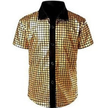 M size Men's 70s Disco Costume Set - Gold Plaid shirt with Black Bell Bottom Pants & Accessories, Retro Polyester Dance Outfit for Parties and Halloween