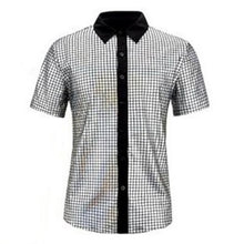 L size Men's 70s Disco Costume Set - Silvery Plaid shirt with Black Bell Bottom Pants & Accessories, Retro Polyester Dance Outfit for Parties and Halloween