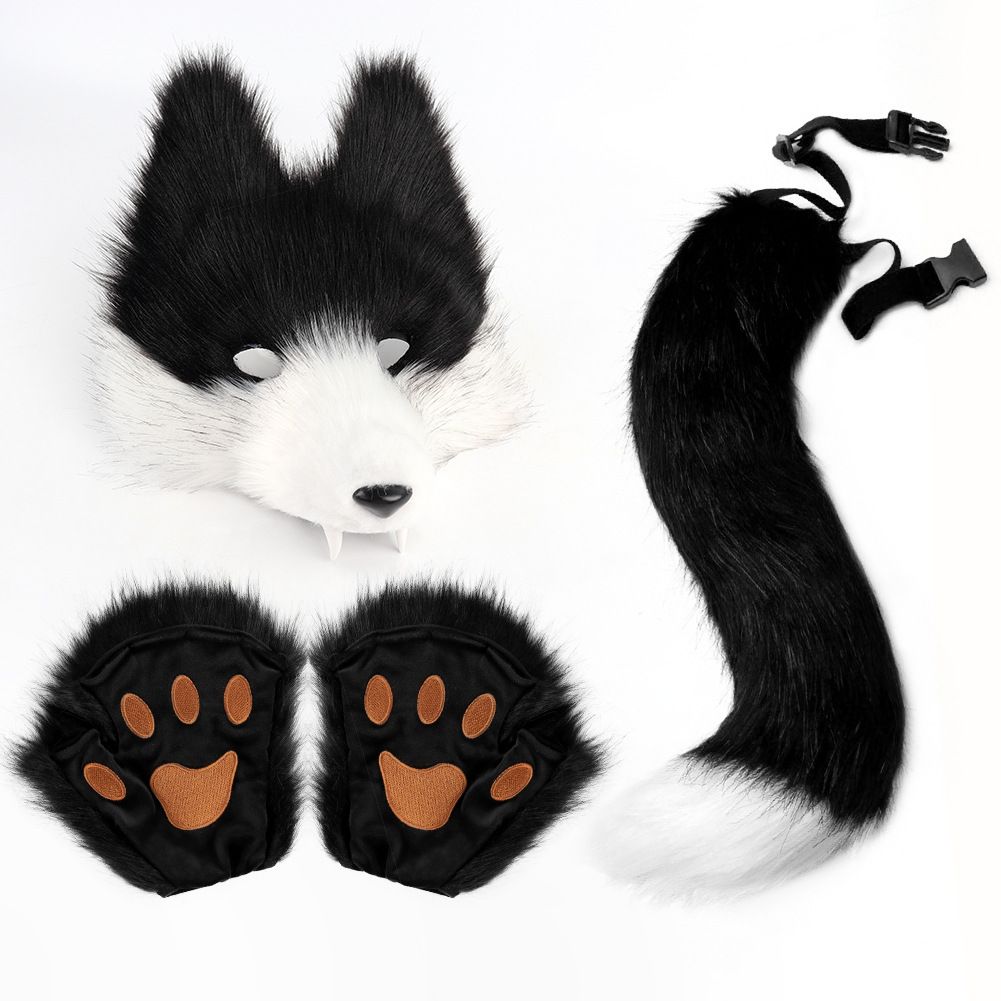 Black-White Furry Animal Cosplay Half Suit Set - Fox Mask with Detachable Fangs, Faux Fur Paws and Wire Poseable Tail - Party Costume and Halloween Accessories