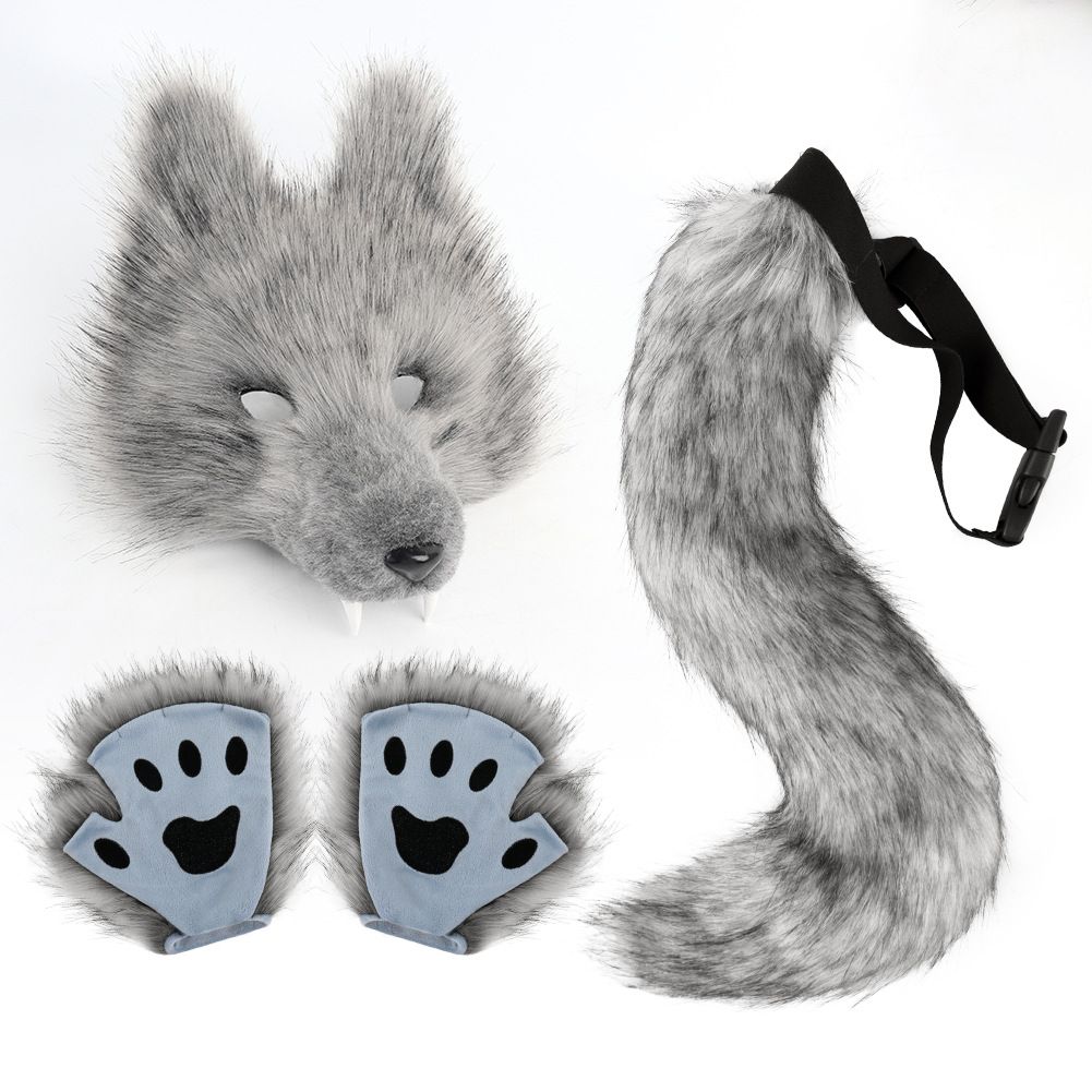 Grey Furry Animal Cosplay Half Suit Set - Fox Mask with Detachable Fangs, Faux Fur Paws and Wire Poseable Tail - Party Costume and Halloween Accessories