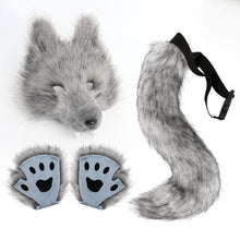 Grey Furry Animal Cosplay Half Suit Set - Fox Mask with Detachable Fangs, Faux Fur Paws and Wire Poseable Tail - Party Costume and Halloween Accessories