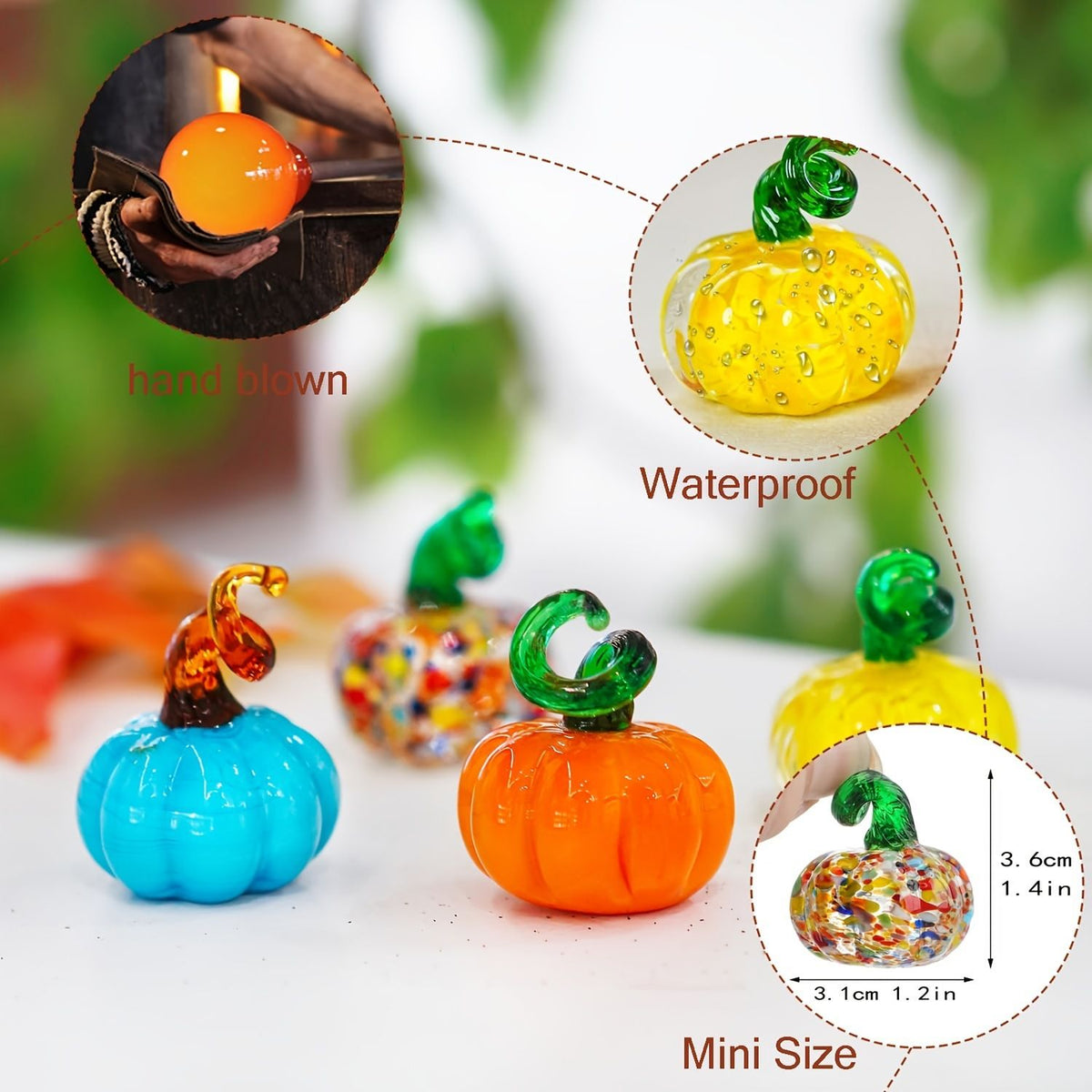 4 piece Glass Pumpkin Figurines - Mini 3.1cm Autumn Halloween Table Decor, Colourful Glass Ornaments for Home Display and Seasonal Gifting