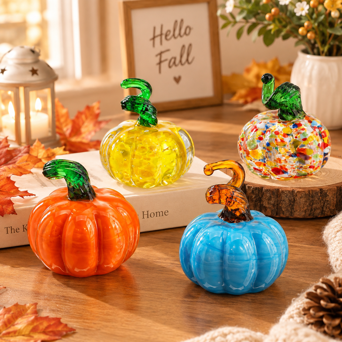 4 piece Glass Pumpkin Figurines - Mini 3.1cm Autumn Halloween Table Decor, Colourful Glass Ornaments for Home Display and Seasonal Gifting