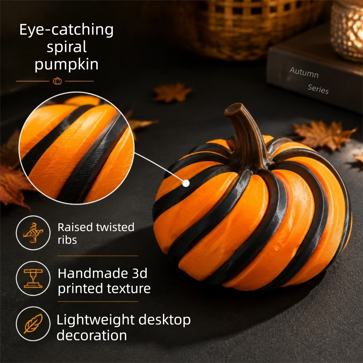 3D Printed Spiral Pumpkin Decoration - Dark Purple Twisted Rib Design, Lightweight Halloween Tabletop Ornament for Autumn Home and Party Decor