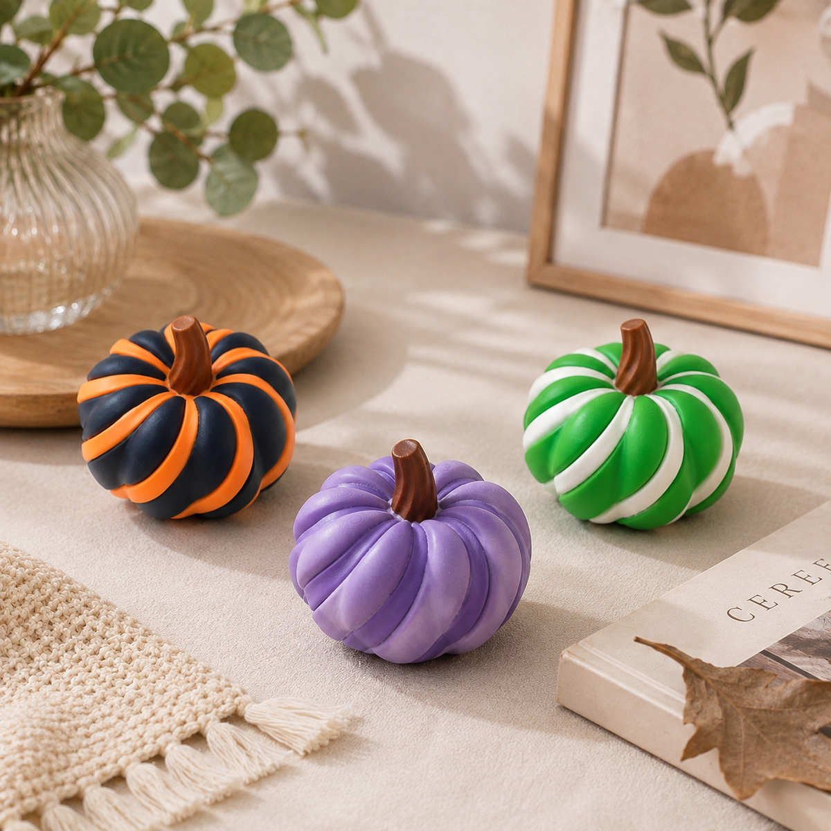 3D Printed Spiral Pumpkin Decoration - Dark Purple Twisted Rib Design, Lightweight Halloween Tabletop Ornament for Autumn Home and Party Decor