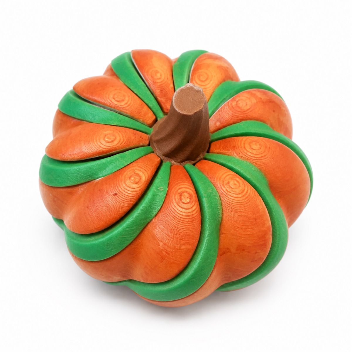 3D Printed Spiral Pumpkin Decoration - Orange and Green Twisted Rib Design, Lightweight Halloween Tabletop Ornament for Autumn Home and Party Decor