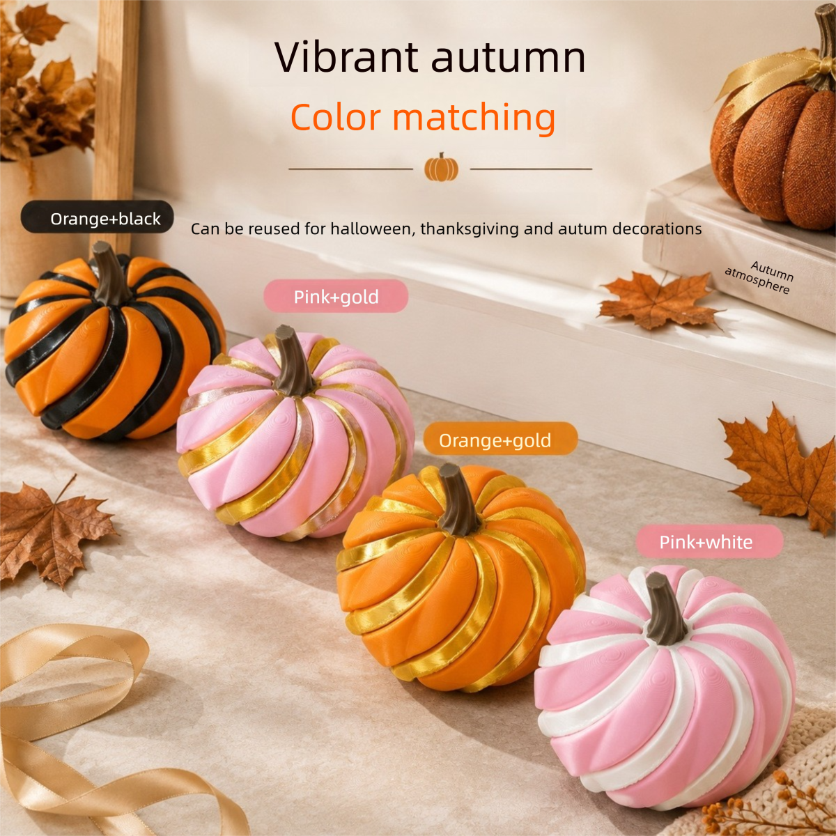 3D Printed Spiral Pumpkin Decoration - Orange and Dark Green Twisted Rib Design, Lightweight Halloween Tabletop Ornament for Autumn Home and Party Decor