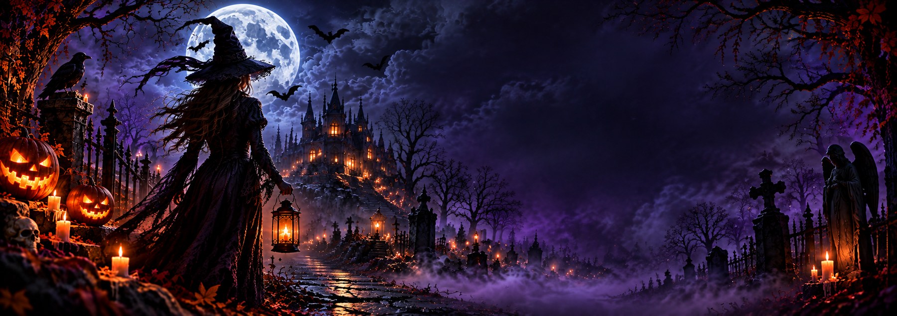 Halloween costume scene with a witch under the moon