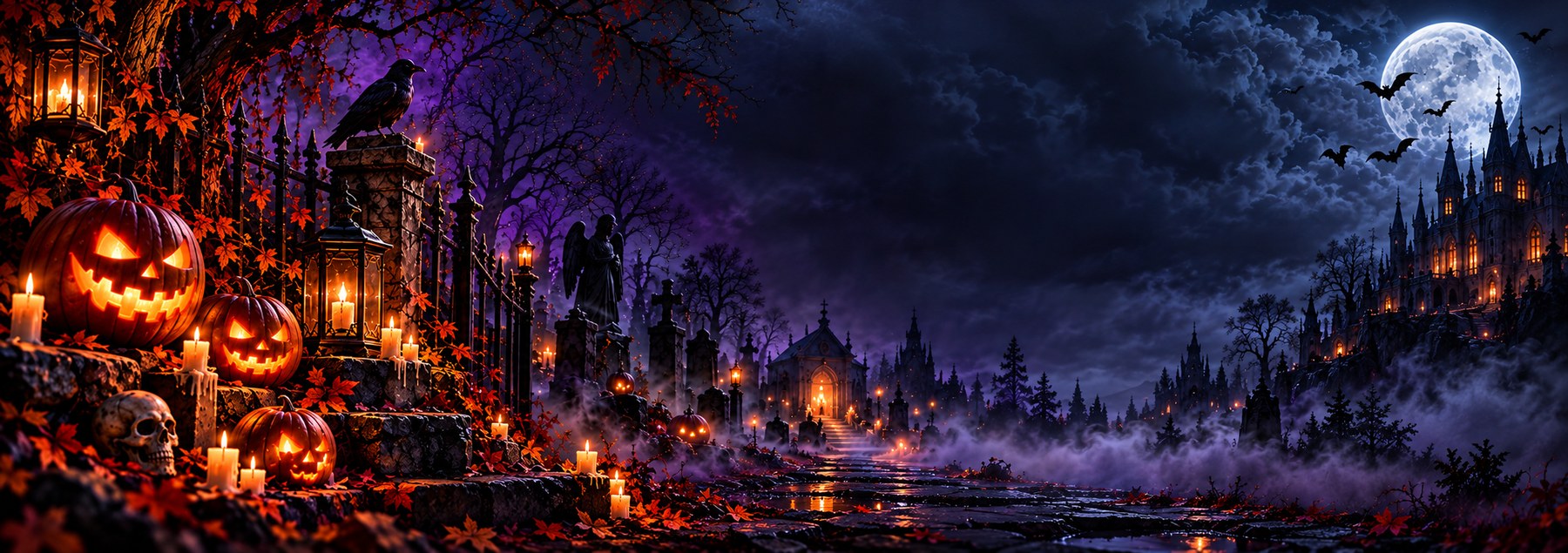 Halloween decor with glowing pumpkins and lanterns