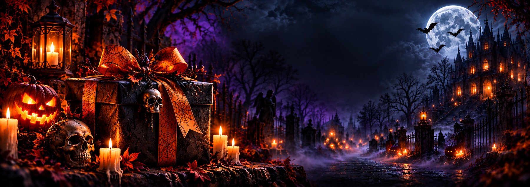 Spooky Halloween gift with candles and skull decorations