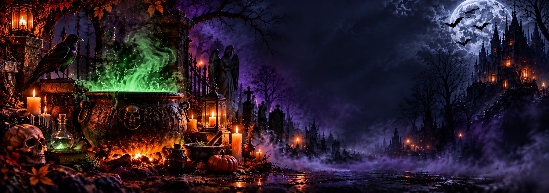 Halloween party cauldron with green magical smoke